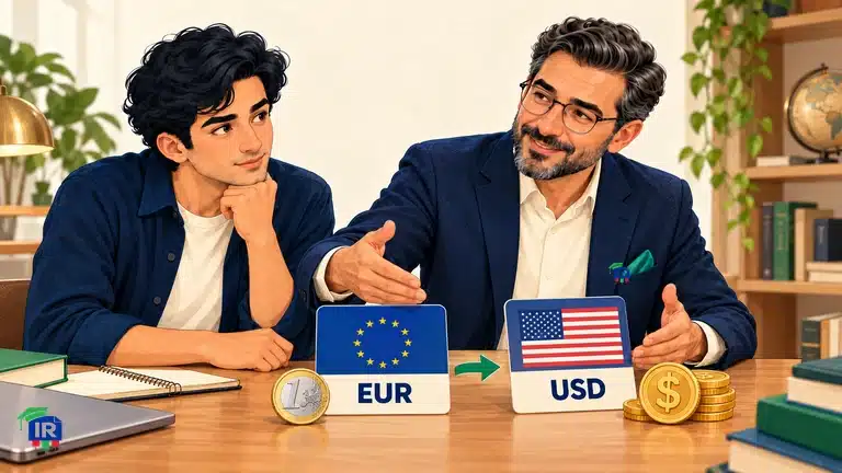 پارسا در کنار آریا با کارت‌های یورو و دلار، ترتیب ارز پایه و مقابل را نشان می‌دهد
