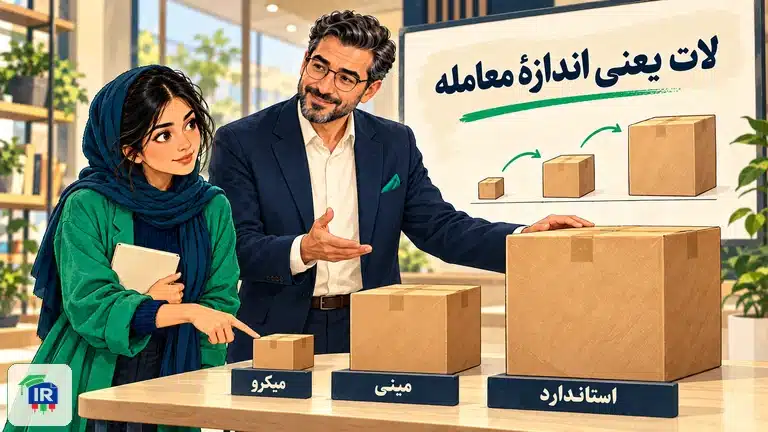 پارسا برای رویا اندازهٔ معامله را با بسته‌های یک لات، مینی‌لات و میکرولات توضیح می‌دهد