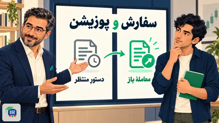 پارسا برای آریا تفاوت دستور سفارش و پوزیشن باز را روی نمایشگر معاملاتی توضیح میدهد