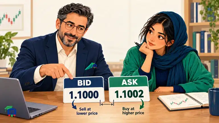 پارسا در کنار رویا روی تخته دو قیمت خرید و فروش EUR/USD را مقایسه می‌کند