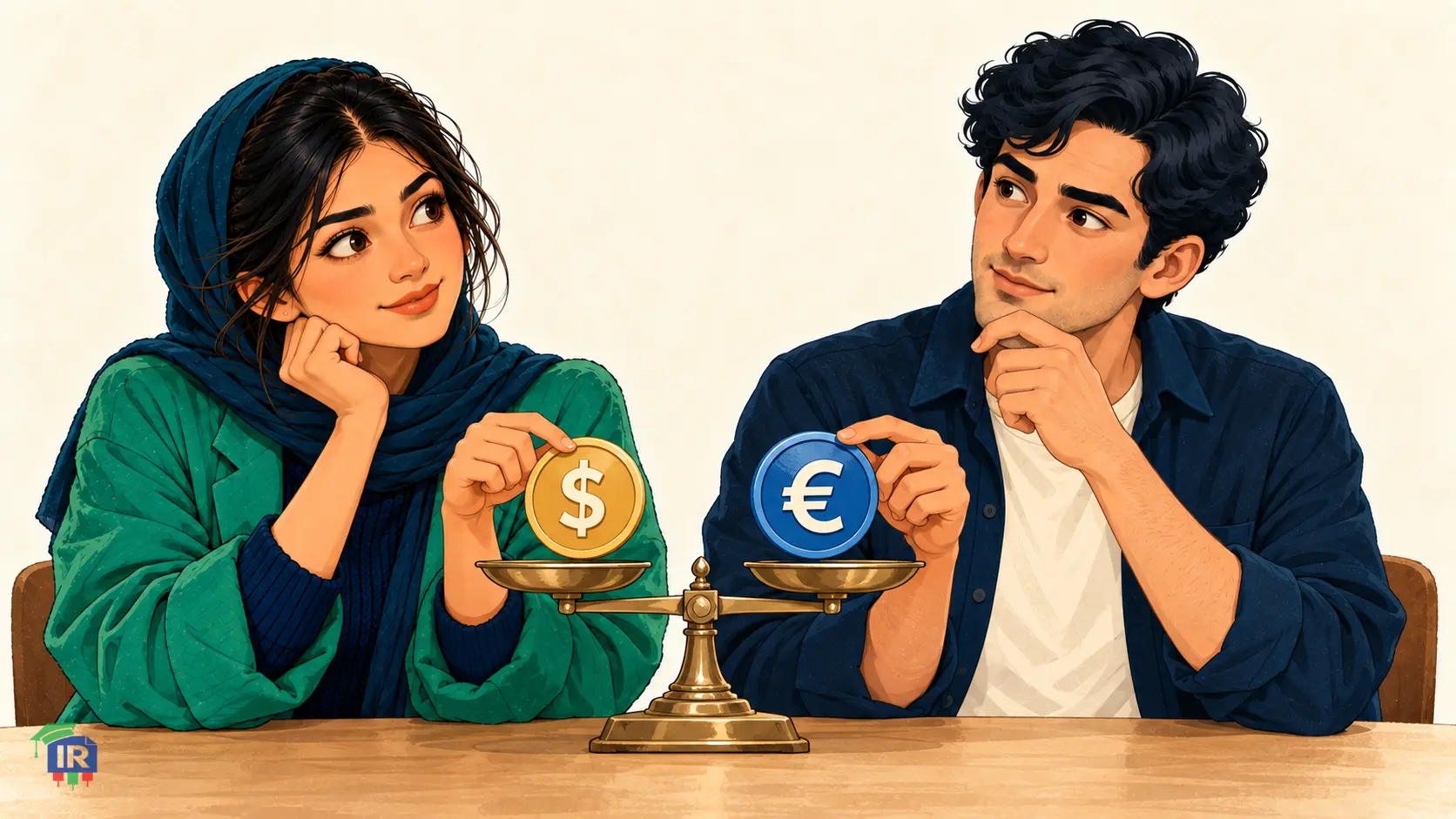 رویا و آریا در حال مقایسهٔ دلار و یورو روی ترازو