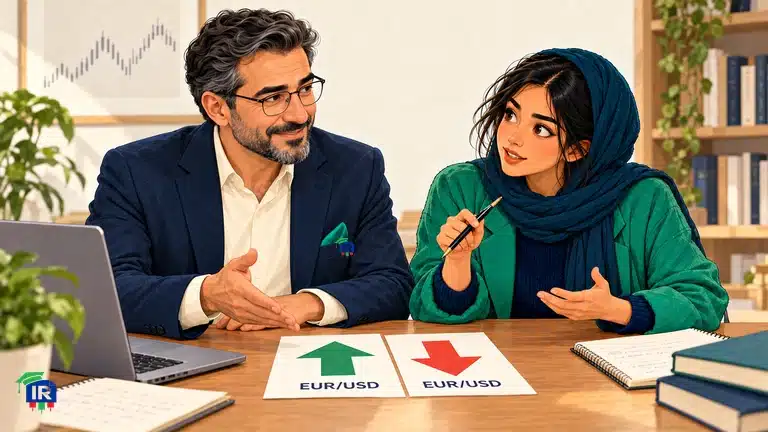 رویا و پارسا در حال بررسی دو جهت خرید و فروش جفتارز روی کارت آموزشی